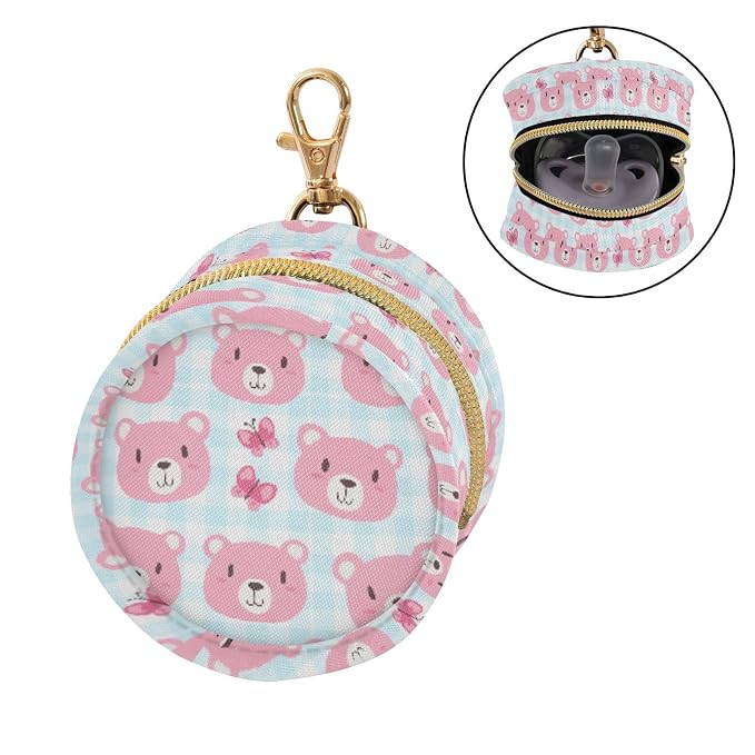 Baby Pacifier Case with Clip, Pink Bear Faces Portable Pacifier Holder, TPU Lined Dust-Proof Storage Pouch for Diaper Bag and Stroller
