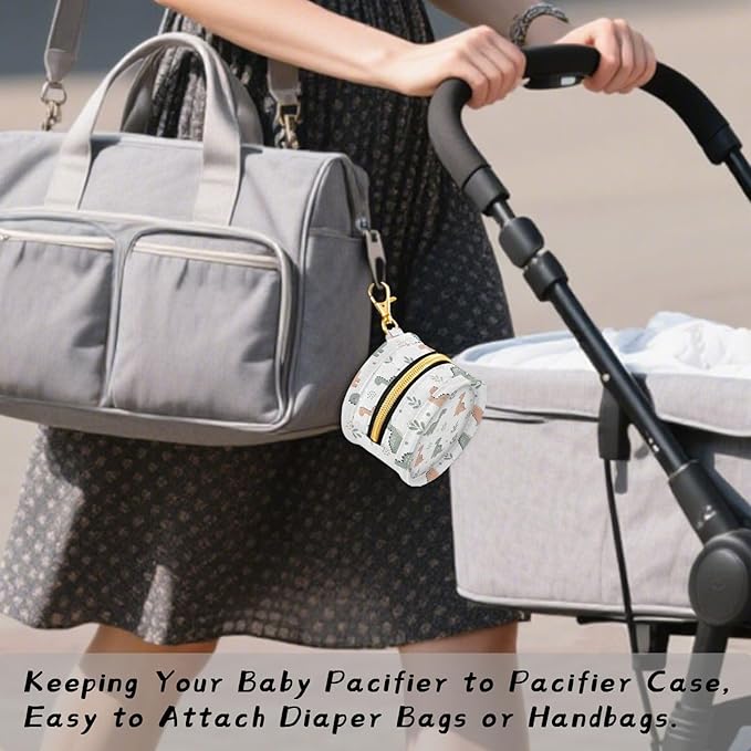 Cute Dinosaur Leaves Dots Baby Pacifier Holder Case with Clip Portable Pacifier Storage Organizer Round Container Pouch Box Fits Diaper Bag Stroller Purse