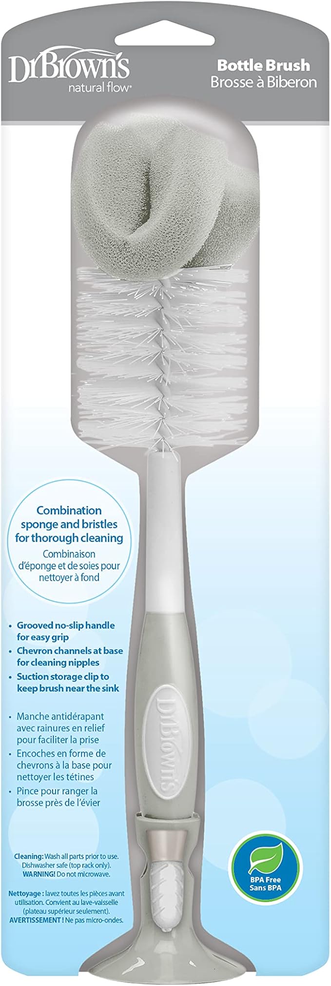 Dr. Brown's Reusable Sponge Baby Bottle Cleaning Brush with Suction Cup Stand, Scrubber and Nipple Cleaner, BPA-Free, Gray, 2-Pack