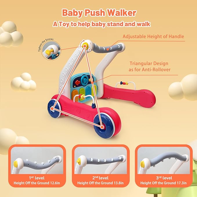 Cuterabit Baby Gym Play Mat & Baby Walker, Baby Activity Center with Music and Light, Tummy Time Mat, Push Toys for Toddler, Detachable Play Piano and Rattles for Newborn Babies Infants Boys Girls