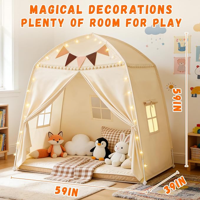 Large Teepee Tent for Kids: with Star Lights & Flags - 3-Window Cone Ball Playhouse for Indoor & Outdoor - Portable & Foldable Gift for Boys & Girls - Cream, 59.1"x39.4"x59.1"