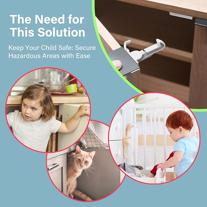 12 Pack Invisible Baby Proofing Cabinet Locks, Drawer Locks, Child Safety Cabinet Latches, On/Off Switch, Strong Adhesive Easy Installation, No Drilling or Tool Needed, White
