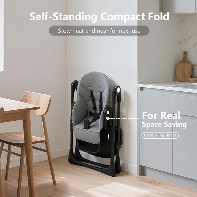 Kinder King Convertible High Chair for Babies & Toddlers, Adjustable Baby Feeding High Chair with Removable Double Tray, Simple Compact Fold for Space-Saving, 2 Built-in Wheels, Easy to Clean, Gray
