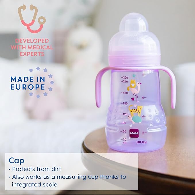 MAM Plastic Trainer Cup, Trainer Drinking Cup with Extra-Soft Spout, Spill-Free Nipple, and Non-Slip Handles, for Girls 4+ Months, Eight Ounces (Pack of 6)