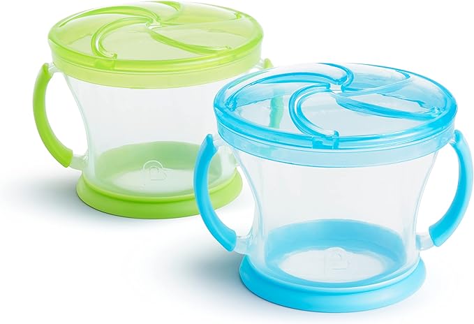 Munchkin® Gentle™ Transition Sippy Trainer Cup, 4 Ounce, Green & Snack Catcher® Toddler Snack Cups, 2 Pack, Blue/Green