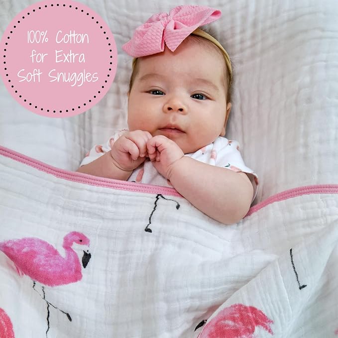 LollyBanks Muslin Baby Blanket 100% Cotton, Soft and Breathable Muslin Quilt 47 x 47 Inches Toddler Blanket for Girls, 6 Layers Baby Blanket, Lightweight Baby Receiving Blankets (Flamingo Print)