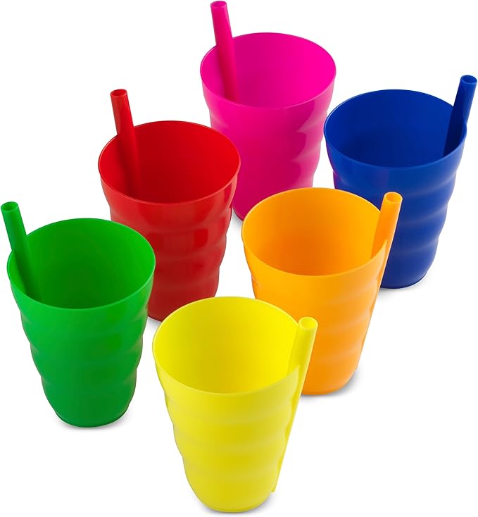 JoyServe Kids Cups - (Set of 6) - 10oz Toddler Cups with Straws for Kids - Stackable BPA-Free Plastic Sip-A-Cup Drink Tumblers for Water, Juice, Milk - Dishwasher Safe, Everyday Use, Neon Colors