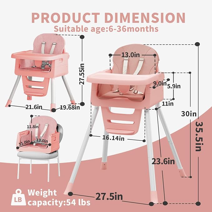 3-in-1 Baby Feeding High Chair with Tray 5 Point Harness Booster Seat Infant Ergonomic Sit Up High Chair Babies and Toddlers Safety Seats Convertible Comfortable Toddler Chair Pink