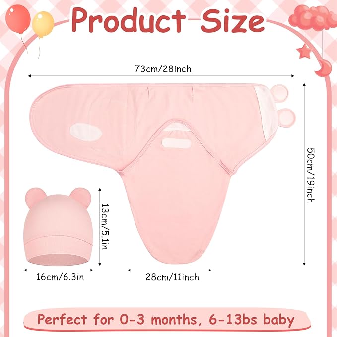 Ramede 6 Pack Swaddle Blanket with Hats for Baby Girl Boy 100% Cotton Swaddles 0-3 Months, Adjustable Breathable Skin Friendly Receiving Blanket Wrap, Essential for Newborns(Bear,Pink)