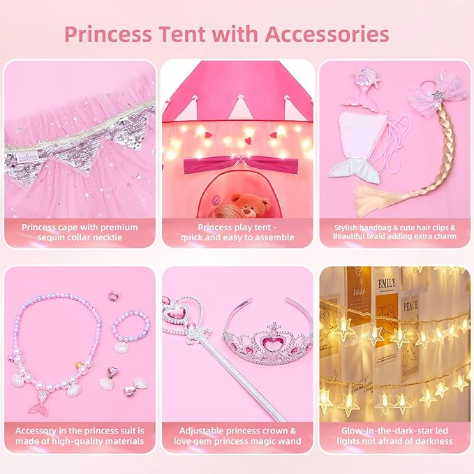 13 Pcs Castle Play Tent with LED Star Lights - Princess Dress-Up Set with Crown for Little Girls - Princess Toy Tent - Indoor and Outdoor Girls Castle Playhouse - Pink