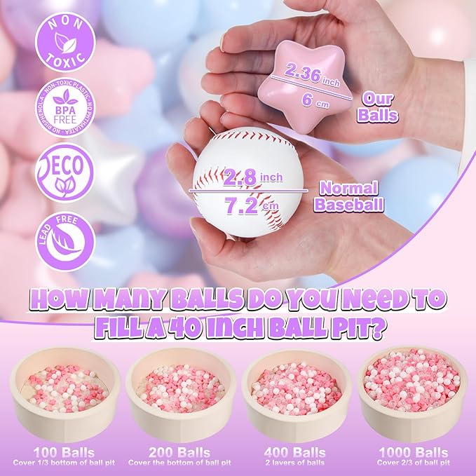 GOGOSO Ball Pit Balls for Toddlers Phthalate-Free BPA-Free Non-Toxic Crush Proof Soft Plastic Play Balls Baby Kids Shape Tent Pool Playhouse Playpen Party Decor, Pink Blue Purple White,100PCS