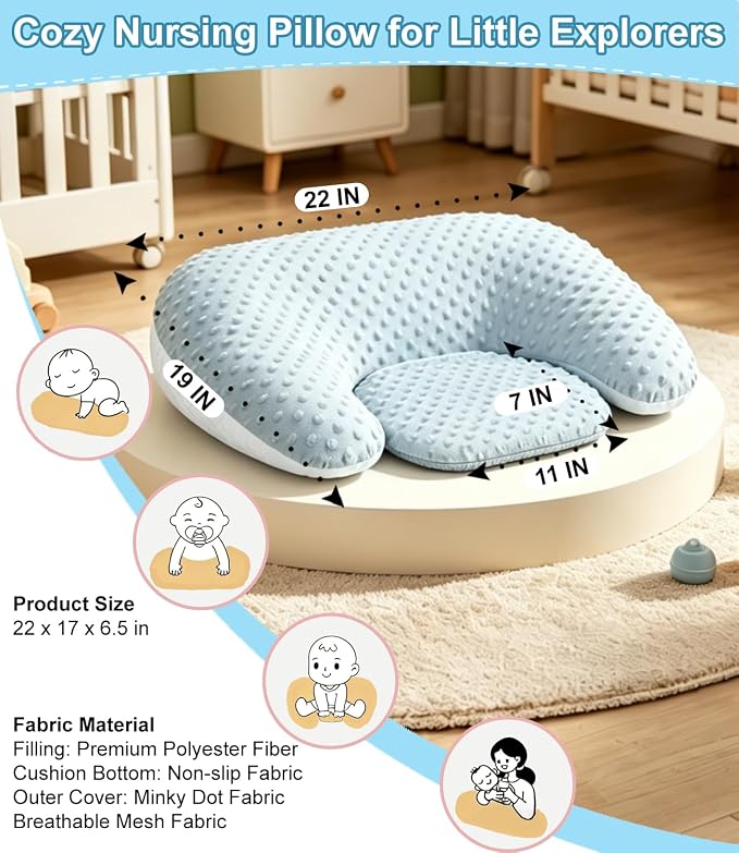Multifunctional Nursing Pillow, Wider Breastfeeding Pillow with Minky Dot & Breathable Mesh, Anti-Slip Base for Tummy Time & Baby Sitting Support, Removable Soft Cover, Large Opening for Most Body