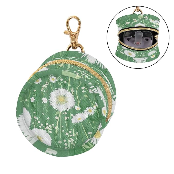 Pacifier Holder with Clip Pacifier Case for Diaper Bag Round Baby Pacifier Pouch Box Bag Portable Green Dandelion and Daisy01