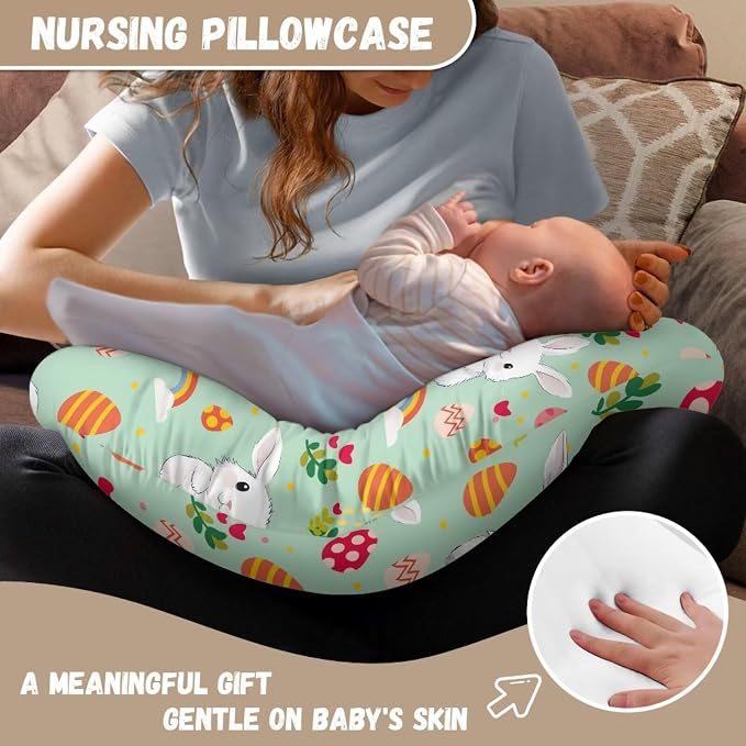 Rabbit Eggs Nursing Pillow Cover with Hidden Zipper Stretchy Removable Slipcover for Breastfeeding Pillows Skin-Friendly Fabric Infant Feeding Cushion Cover for Easter Decor