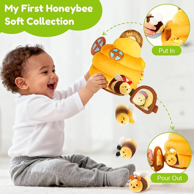 Baby Sensory Toys 0-6 6-12 Months, Soft Beehive Toy with 5 Plush Bees, Rattle Crinkle Squeaker Mirror, Music, Montessori Toys for Toddlers 1-3 Year Old Boys Girls Birthday Gifts