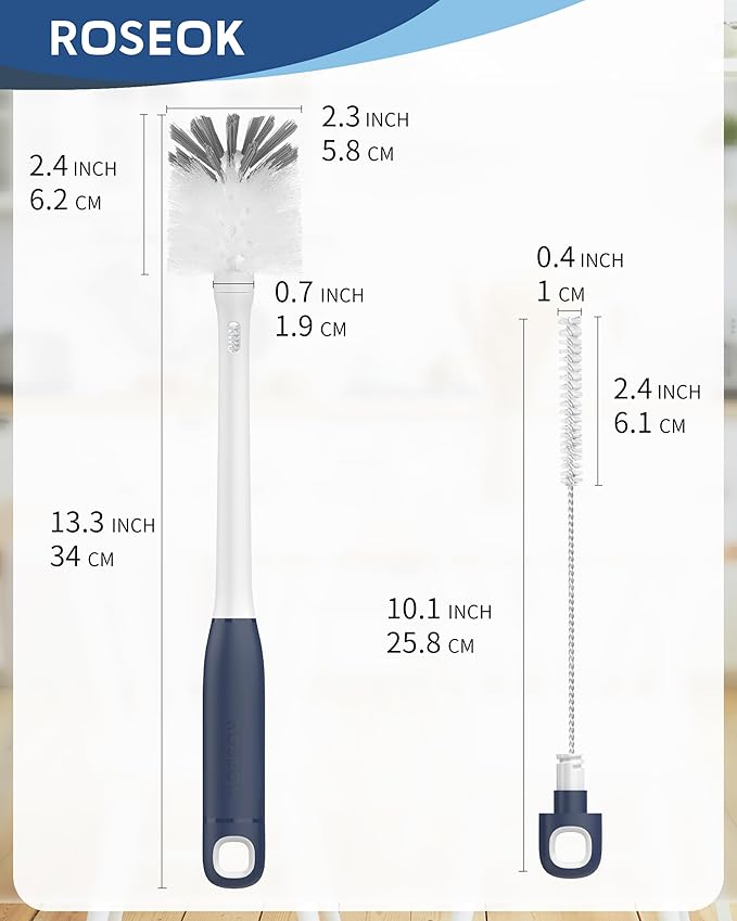 ROSEOK 2 in 1 Long Handle Bottle Brush with Straw Brush for Cleaning Glass, Sports Bottle, Coffee Mug,Navy Blue, 2 Pack
