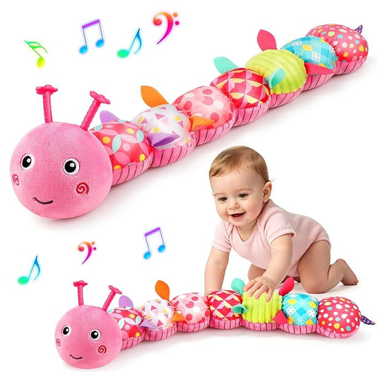 Baby Sensory Toys 0-6 6-12 Months, Stuffed Musical Caterpillar Animal Toys for Babies 3-6 Months with Rattles Crinkle Squeaker, Infant Tummy Time Toys for Newborn Baby Boy Girl Gifts, Pink