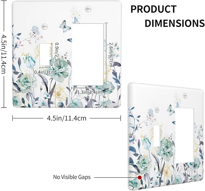 Romantic Floral Butterfly Leaf Flower Golden Pollen Outlet Covers 1 Toggle 1 Rocker Combination Decorative Wall Plate Electrical Switch Plates Light Switch Cover Plate for Bedroom Living Room Decor