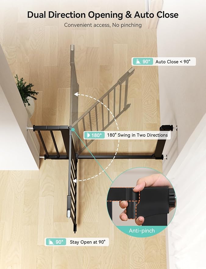 COMOMY 30" Tall Baby Gate for Stairs Doorways, Fits Openings 29.5" to 46" Wide, Auto Close Extra Wide Dog Gate for House, Pressure Mounted Easy Walk Through Pet Gate with Door, Black
