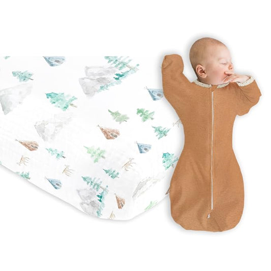 SwaddleDesigns 3-6 Mo Baby Sleep Set, Butterum and Watercolor Mountains & Trees, Transitional Swaddle Sack with Arms Up Half-Length Sleeves & Mitten Cuffs and Softest Cotton Muslin Crib Sheet