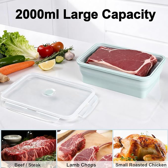 Extra Large Collapsible Silicone Food Storage Containers With Lids & Air Vent, 2 Pack 2000ml/68oz, Kitchen Stacking Marinade Container for Camping, Dishwasher, Microwave, Freezer Safe, BPA Free