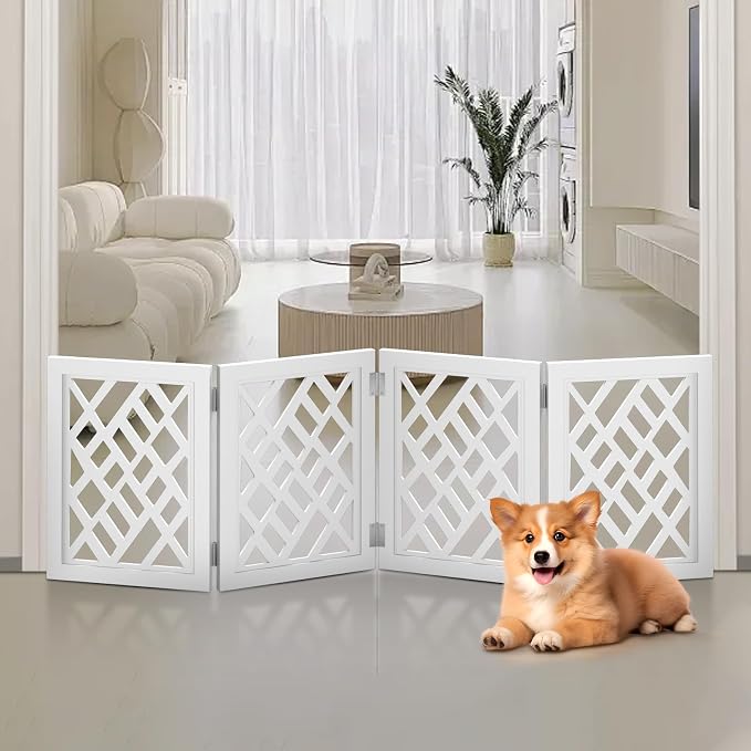 Cut-Out Design 16" Short Dog Gate for Small Dogs, Foldable Retractable Puppy Gate Indoor - Freestanding Lightweight Pet Barrier for Doorways, Stairs, Hallways (Extends to 41", White)