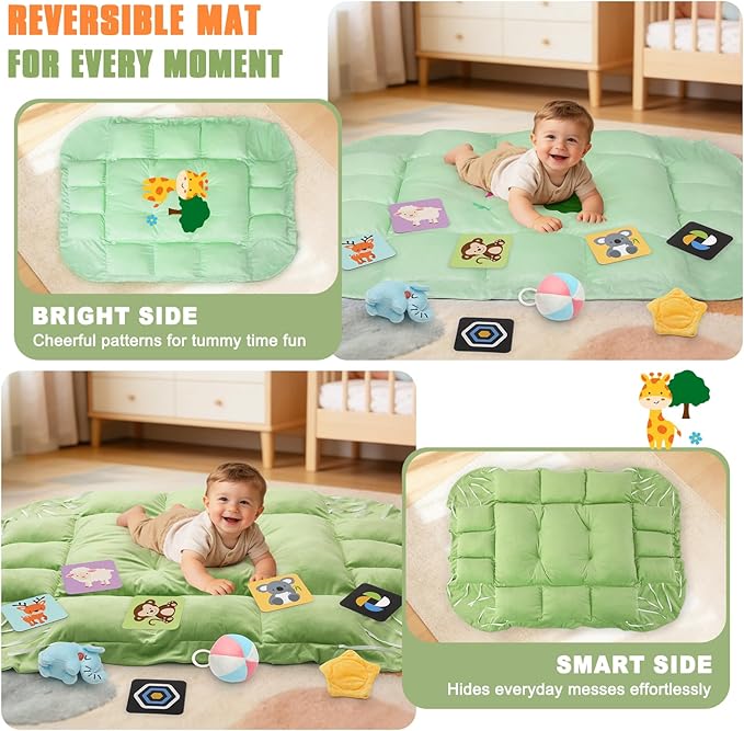5-in-1 Tummy Time Mat Baby Activity Gym with Cartoon Pattern, Extra Thick Plush Play Floor Mat