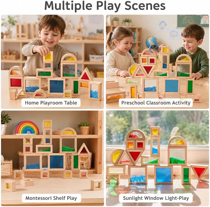 23 PCS Rainbow Sensory Wooden Building Blocks for Toddlers, Colorful Geometric Stacking Toys with Beads, Sand & Mirror Blocks, Montessori STEM Learning Toy Gift for Kids
