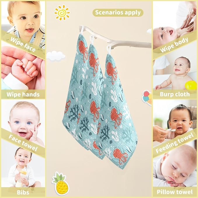 vvfelixl Octopus Swimming Underwater Baby Burp Cloths Baby Muslin Washcloths for Boys Girls Cotton Baby Face Towel for Newborn Infants Soft and Absorbent 11.8 X 11.8 in, 5 Pack