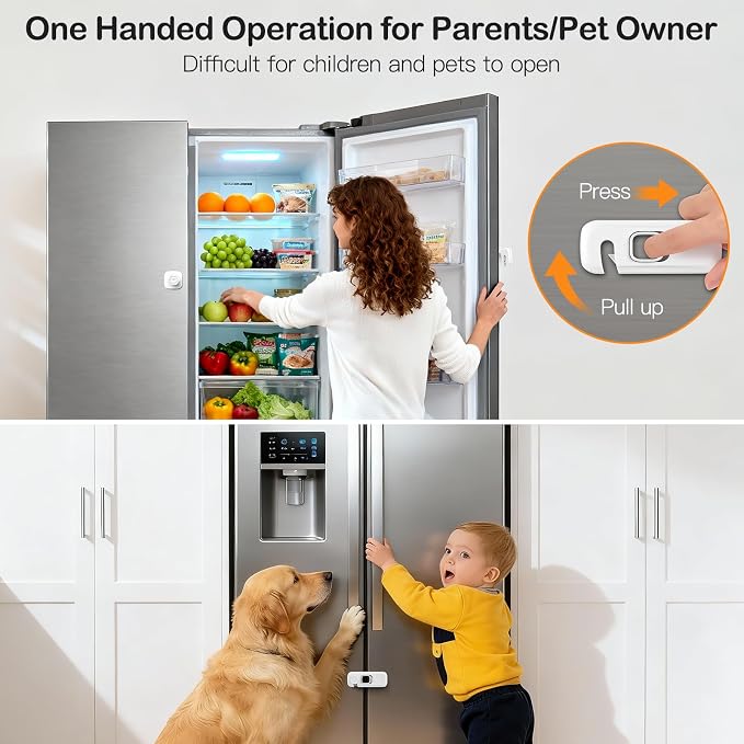 Fridge Locks for Kids with Strong Adhesive, 2 Pack Pet&Child Proof Refrigerator Lock for Kids to Keep Door Closed, Freezer Lock for RV Refrigerator, Garage Fridge, Upright Freezer, Mini Fridge, White