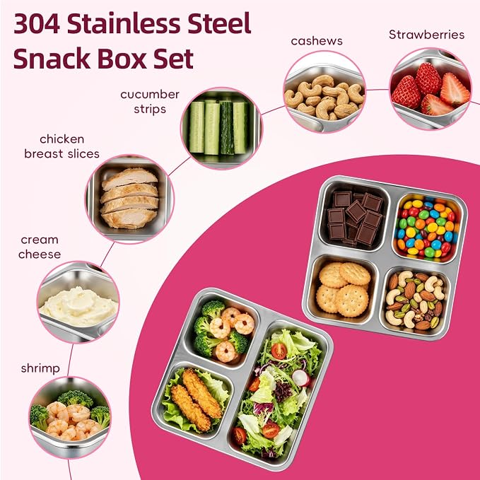 Tanjiae Stainless Steel Snack Containers with Lids, 20oz Multi-Compartment Leak Proof Small Bento Box for Kids & Toddlers - Reusable Metal Food Containers for School Lunch, Travel, Daycare