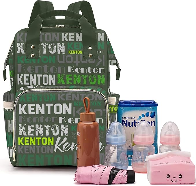 Custom Name Boy Baby Bags, Nylon Personalized Diaper Bag Backpack for Baby Boy Mom, Green, Large Capacity, Waterproof, Multifunctional, Adjustable Shoulder Straps