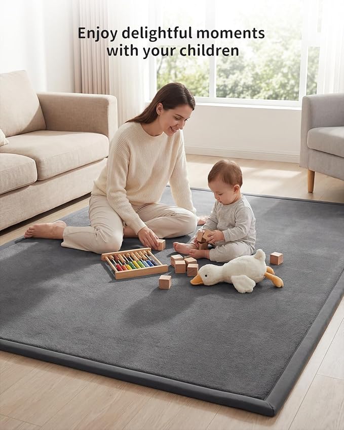 Goyuu Ultra Soft 1.3" Thick Baby Play Mat for Floor, 79x118 Playpen Mat Elasti-Foam Padded Crawling Mat for Babies, Toddlers, Infant, Kids, Non-Slip Backing Safe for Tummy Time, Grey