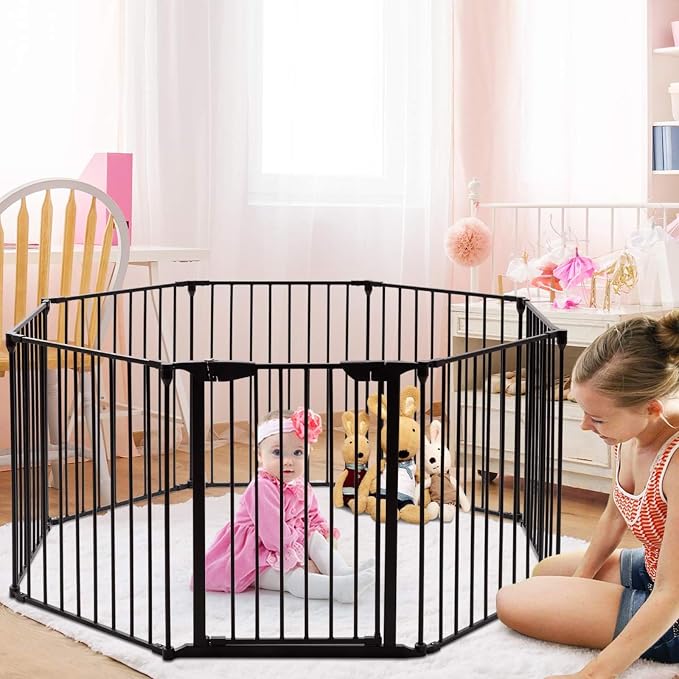 Costzon Baby Safety Gate, 181-Inch Extra Wide Fireplace Fence, Foldable Pet Gates with Add/Decrease Panels Directly, Wall-Mount Metal Gate for Pet & Child