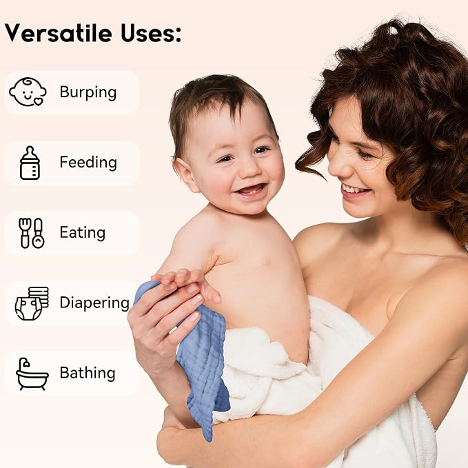 Unnivoll Muslin Burp Cloths Baby 12''X12'', Baby Washcloths 6 Pack, 100% Cotton Baby Wash Cloths Absorbent and Soft for Newborn Infants Kids Boys Girls - Sapphire Blue