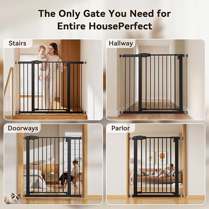 Fldofaves 42" Extra Tall Pet Gate for Cats and Dogs, Fits 29.5"-46" Wide Openings, Pressure Mounted Auto Close Cat Gate with Ultra Narrow Bar Spacing for Doorways, Stairs, Hallways(Black)