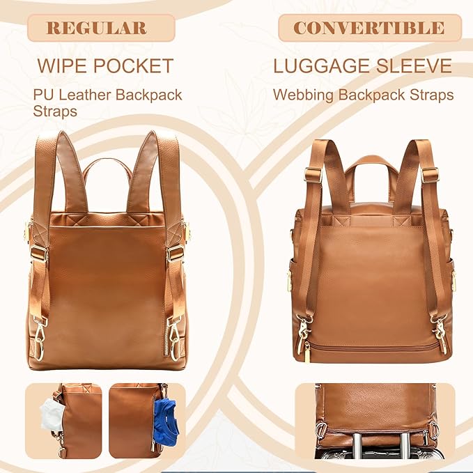 miss fong Diaper Bag Backpack Baby Diaper Bag, Large Leather Diaper Backpack with 16 Pockets Travel Diaper Bag with Diaper Changing Pad, Stroller Straps & 2 Insulated Pockets (Regular, Cognac)