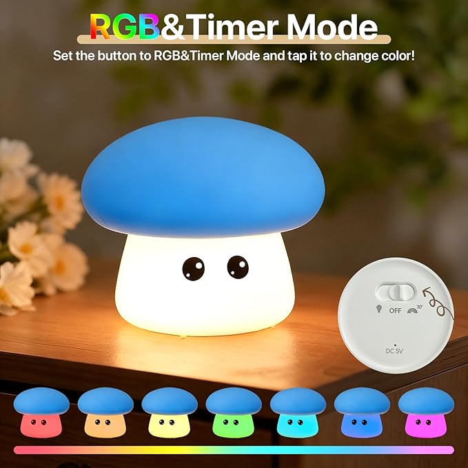 Cute Blue Mushroom Night Light for Kids Rechargeable, Battery Operated Nightlight 3 Level Dimmable with RGB&Timer, Silicone Touch Nursery Lamp for Baby Girls Boys Bedroom Gifts