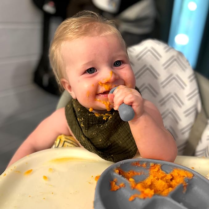 TalkTools ITSY Tiny Silicone Spoons ??Twin Pack Soft Silicone Self-Feeding Training Spoons for Kids & Toddlers, Anti-Choking Flange Guard and Non-Slip Handle (Cloud)