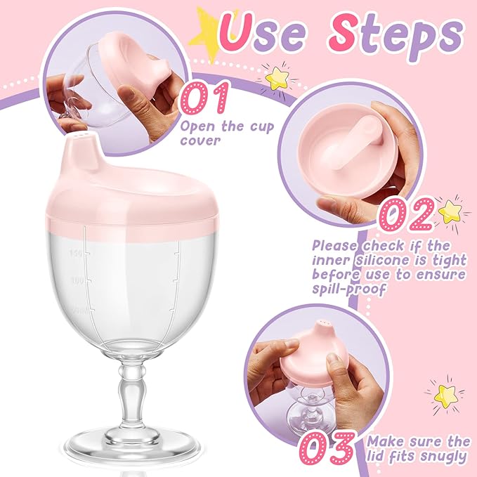 Irenare 2 Pcs Baby Wine Sippy Cup Plastic Goblet Cup No Spill Wine Glass Baby Sippy Goblet Glass Beverage Mug Milk Bottle with Lid for Kids (Pink, Purple)