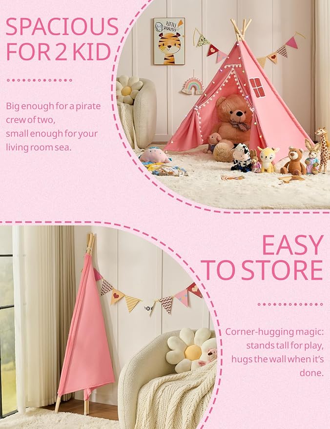 2 Pack Teepee Tent for Kids, Children Play Tents for Girls & Boys Slumber Party, Cotton Canvas Playhouse Sleepover Tent with Pompom & Lights
