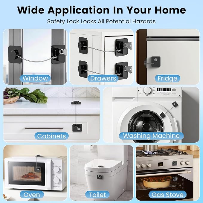 4PCS Mini Fridge Lock, Cabinet Locks Baby Proofing with 4 Keys, Upgraded Refrigerator Locks for Freezer, Cabinets, Drawers, Air Fryer, Closets, Windows and Doors, NO DRILLING