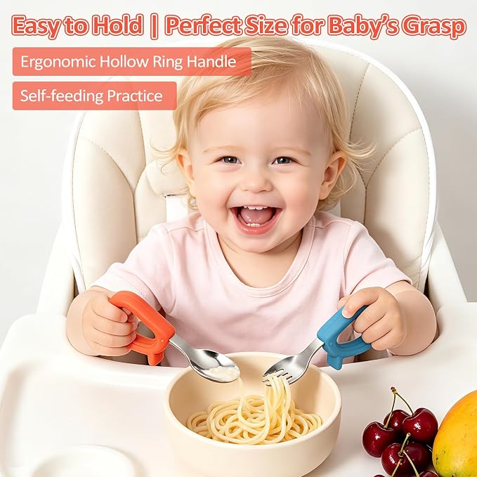 Toddler Utensils Set, 4PCS Stainless Steel Forks & Spoon with Silicone Handle, Self Feeding Training Baby Spoons, BPA-Free Anti-Choke, with 2 PCS Portable Travel Cases, Dishwasher Safe