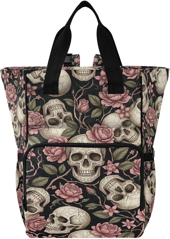 Gothic Skull Rose Diaper Bag – Insulated Bottles, Stroller Straps for Mom Dad