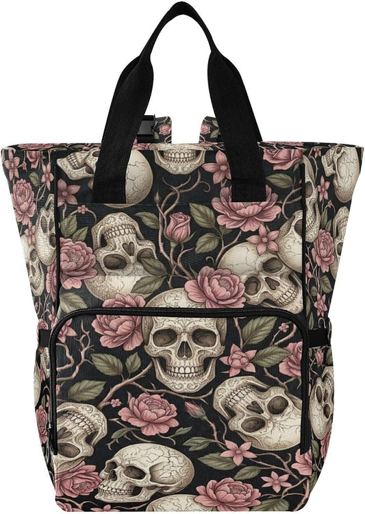 Gothic Skull Rose Diaper Bag – Insulated Bottles, Stroller Straps for Mom Dad