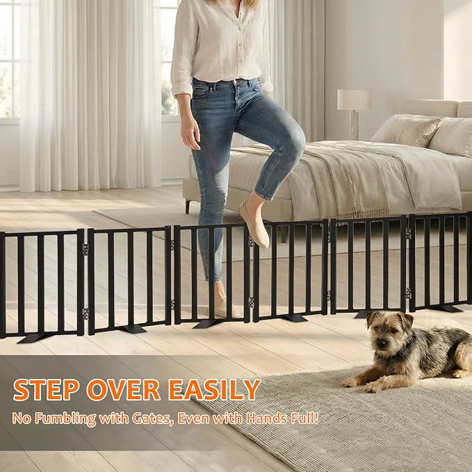 Snagle Paw Short Dog Gate,16.5" Tall Freestanding Metal Dog Gate Only for Small Dogs with Support Feet Easily Step Over,Up to 72" Wide Puppy Gate Indoor for Stairs,Doorways(Black,6 Panel)