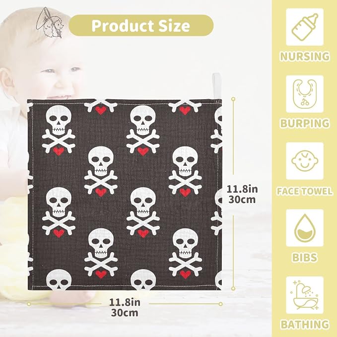 Baby Washcloths Cotton Skull Red Heart Baby Muslin Washcloths Soft Baby Face Towel for Newborn Infants Baby Wipes, 11.8 X 11.8 Inch, 3 Pack