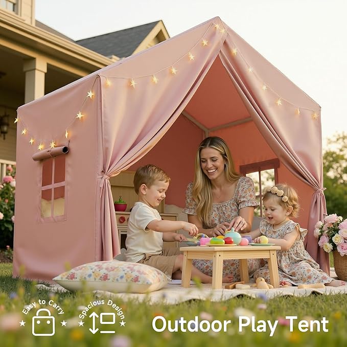 Sisticker Kids Play Tent Indoor with Mat - Large Toddler Tents Playhouse Girls Boys, Teepee Tent Inside for Birthday Gifts Toys (Brown)
