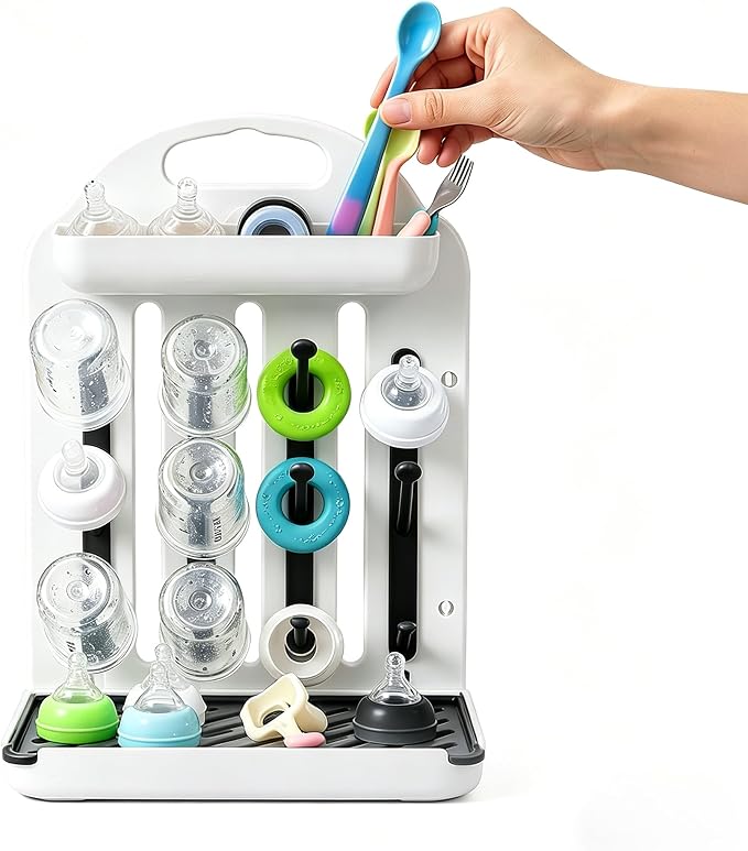 Baby Bottle Drying Rack, Modular Vertical Bottle Drying Rack for Baby Bottles, Pump Parts and Pacifiers, Space Saving Countertop Baby Bottle Organizer with 12 Hooks, Stable Base and Drip Tray (Black)