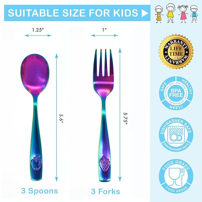 CHILLOUT LIFE Stainless Steel Kids Silverware Set 6 Pieces - Child and Toddler Safe Flatware - Kids Utensil Set - Metal Kids Cutlery Set (Includes 3 Small Kids Spoons & Kids 3 Forks, UV Rainbow)